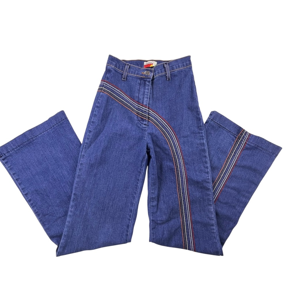 ModCloth Fervour Womens High Waisted Flare Jeans Rainbow Stripe Blue Denim 25/1